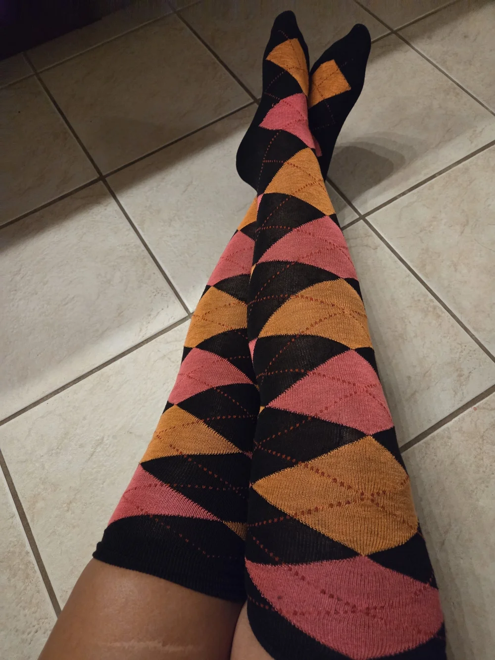 Super Cute Argyle Knee-High Socks with Pink and Orange Diamonds